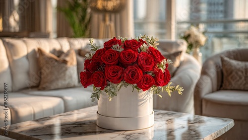Luxury Red Roses in White Hat Box on Marble Table | Premium Floral Delivery & Valentine's Gift Concept | Elegant Home Decor Background