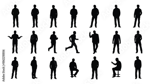Silhouettes of people in various poses and actions displayed on a white background