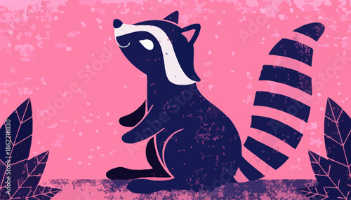 Playful badger sitting on ground with pink background and leaves
