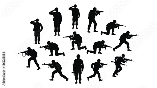 Silhouettes of soldiers in various combat poses a stark and graphic depiction