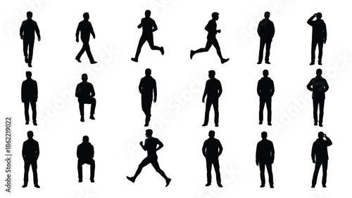 Silhouettes of people in various poses and activities displayed in a row