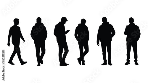 Silhouettes of six men walking in various poses against a white background