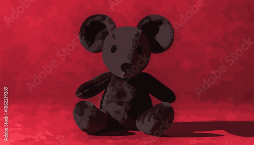 Dark teddy bear sitting alone on red textured background