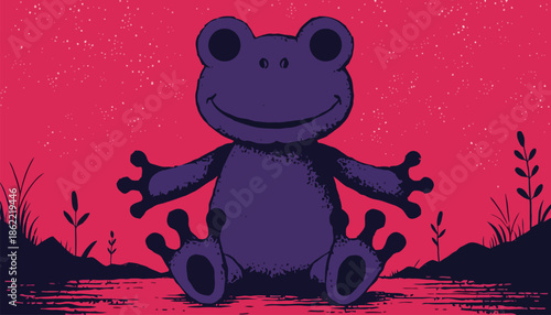 Smiling purple frog sitting serenely by water at dusk