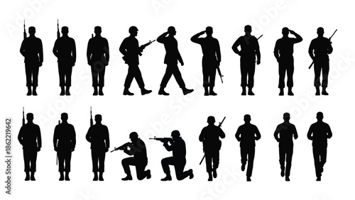 Silhouette collection depicting soldiers in various combat and salute poses