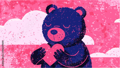 Cute bear holding pink heart in front of cloudy pink background
