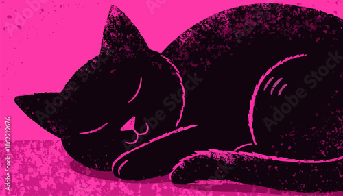 Sleeping black cat on pink background with peaceful expression