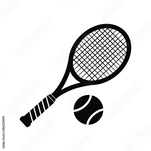 Simple black icon showcasing a tennis racket and a ball, representing the classic sport