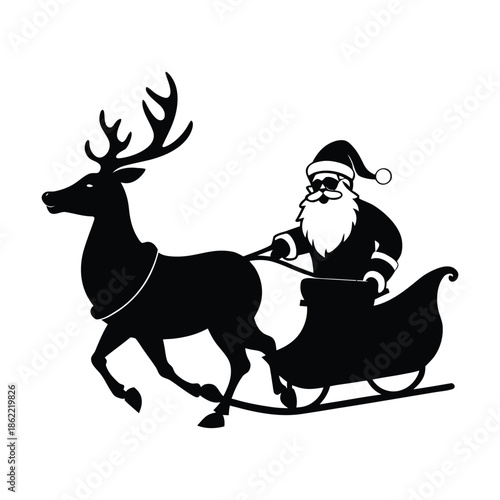 Santa claus riding reindeer sleigh silhouette, christmas theme, winter holiday, vector illustration, isolated on white background, festive season