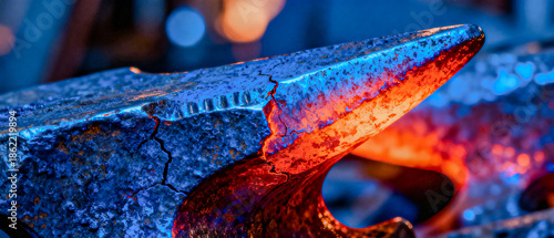 Close-up of heat-treated forged metal in deep blue tones, showcasing industrial textures, surface details, and durable strength.