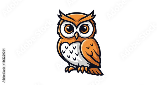 Vibrant cartoon owl with big eyes and orange feathers standing alone