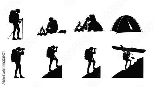 Silhouette illustrations depicting outdoor activities like hiking camping and exploration
