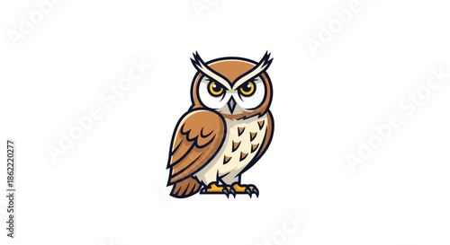 Cartoon owl with sharp gaze and vibrant feathers standing alone