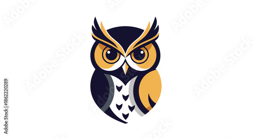 Stunning owl logo with vibrant yellow and dark blue feathers