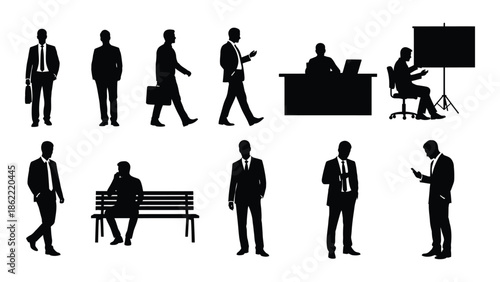 Silhouettes of business people in various poses and office settings