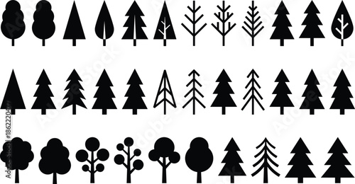 Black silhouette tree icons collection showing diverse forest shapes and nature symbols, perfect for eco design, environmental graphics, woodland branding, and illustration projects.