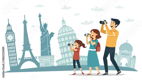 Family on vacation taking photos of famous landmarks