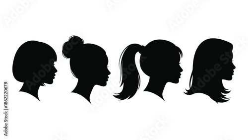 Silhouettes of four women with varying hairstyles in profile view