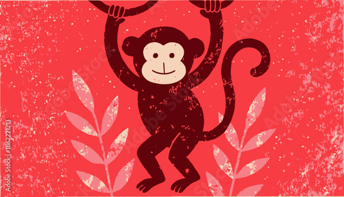Smiling monkey hanging from tree branch on red background with leaves