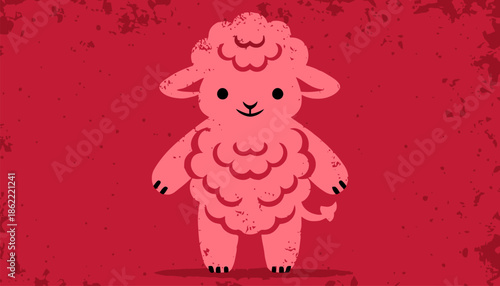 Cute pink sheep standing on red background with grunge texture