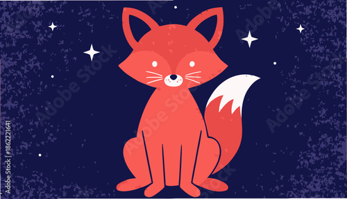 Cute cartoon fox sitting under starry night sky