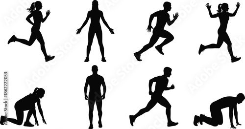 Black Silhouettes of Runners and Athletes in Motion Poses for Fitness, Sports Training, Human Movement, and Design Reference