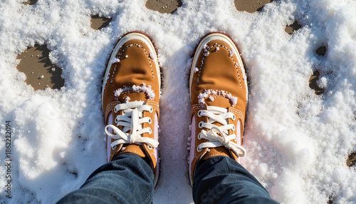 Man's brown shoes on snow-covered ground in winter landscape  