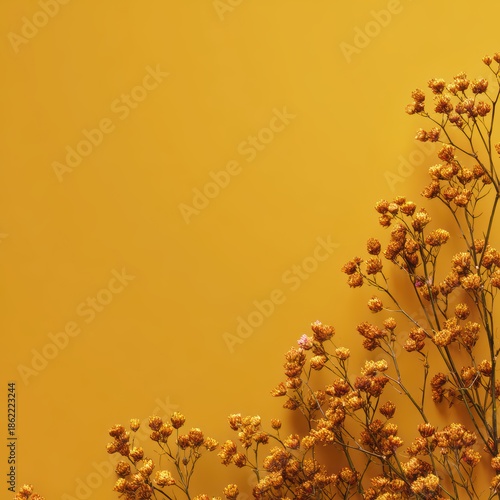 Rustic Background with Dried Baby's Breath Flowers on Textured Gold Paper with Large Copy Space

