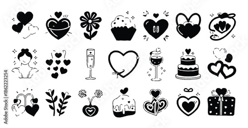 Valentine day elements hearts flowers cakes champagne and cupid illustrations
