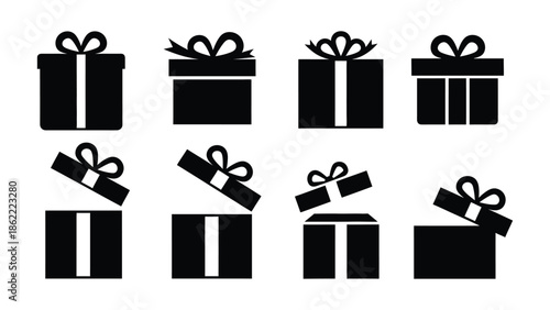 A collection of black silhouette gift box icons in various closed and open states