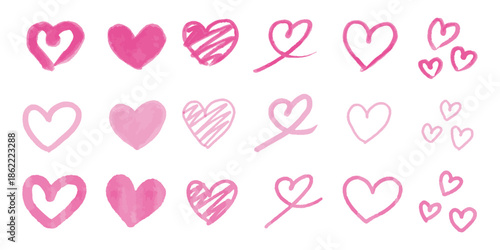 手描き風ピンクハートのセット素材/Hand Drawn Pink Heart Set