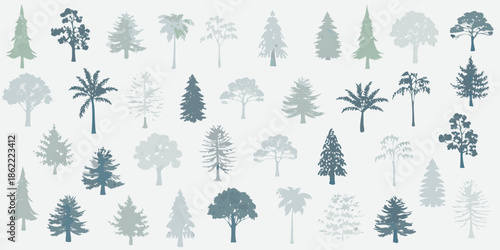 A collection of various tree silhouettes in muted shades of blue and green