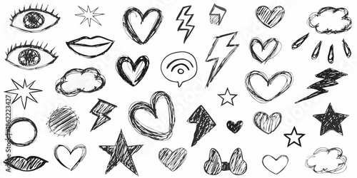 Collection of hand drawn doodles including eyes hearts stars and lightning bolts