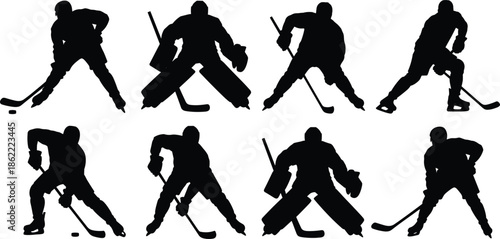 Eight ice hockey player silhouettes in dynamic action poses with sticks and skates on white background, ideal for sports design