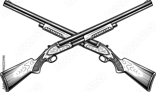 Crossed Shotguns Vintage Style Black and White Outline Line Art Drawing with Detail Engraved Look
