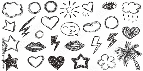 A collection of hand drawn doodles hearts stars lightning and tropical elements