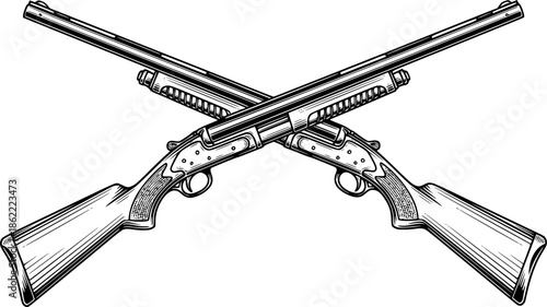 Crossed Shotguns Vintage Style Black and White Outline Line Art Drawing with Detail Engraved Look
