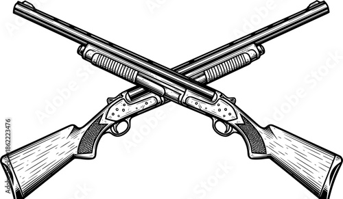 Crossed Shotguns Vintage Style Black and White Outline Line Art Drawing with Detail Engraved Look
