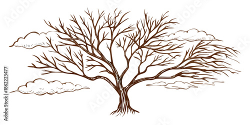 A stark illustration of a bare tree with cloud and mountain silhouettes