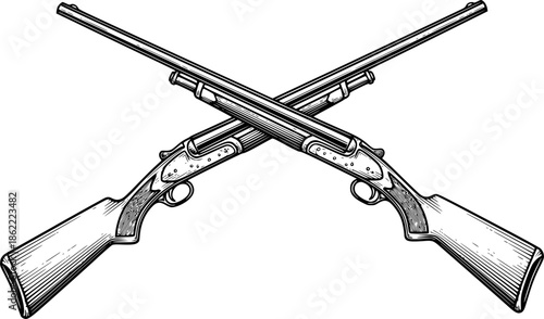 Crossed Shotguns Vintage Style Black and White Outline Line Art Drawing with Detail Engraved Look
