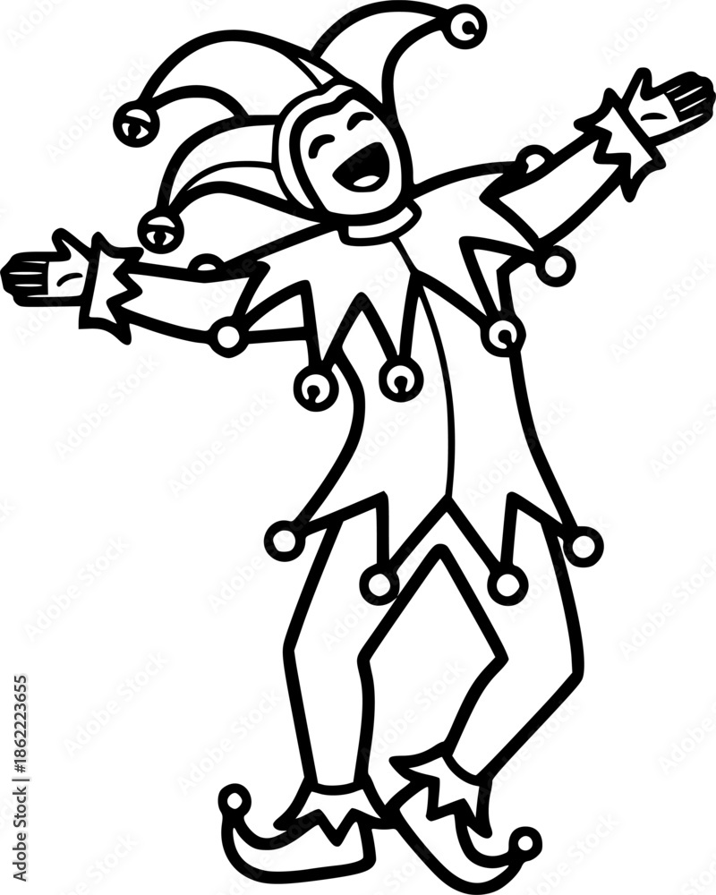 Fototapeta premium A Cheerful Jester Dancing with Arms Open and Laughing Outline Line Art Drawing Style 