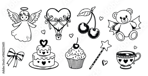 Set of valentine day and love icons, hand drawn illustration with an angel, hearts, cherry, cupcake, cake