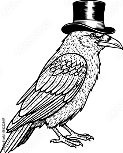 Raven Crow Wearing Top Hat in Detailed Black and White Outline Line Art Drawing
