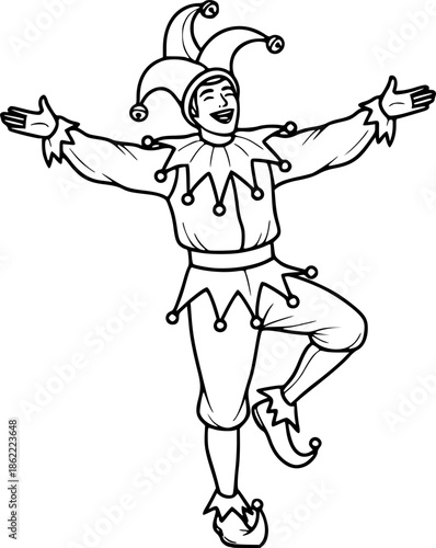 A Cheerful Jester Dancing with Arms Open and Laughing Outline Line Art Drawing Style
