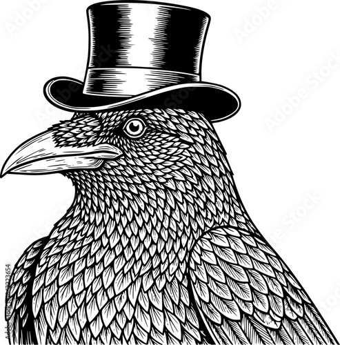 Raven Crow Wearing Top Hat in Detailed Black and White Outline Line Art Drawing
