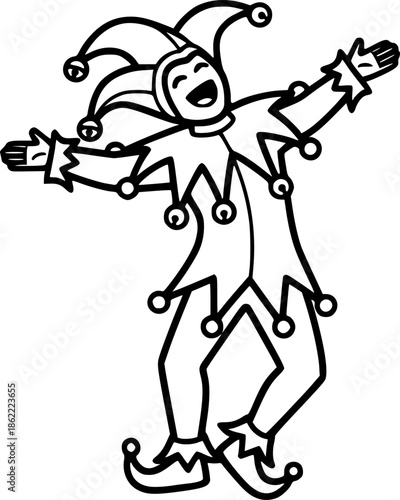 A Cheerful Jester Dancing with Arms Open and Laughing Outline Line Art Drawing Style
