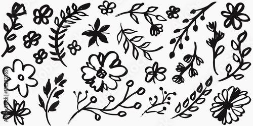 Delicate floral sketch featuring various hand drawn flowers and foliage designs