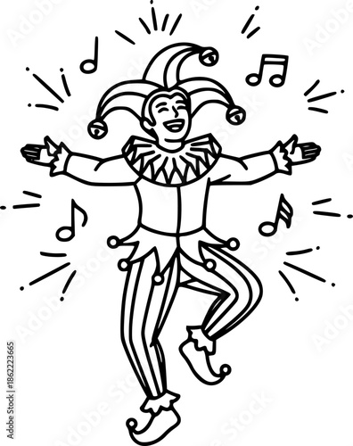 A Cheerful Jester Dancing with Arms Open and Laughing Outline Line Art Drawing Style
