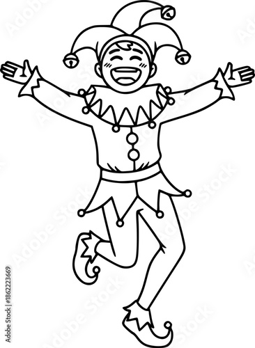 A Cheerful Jester Dancing with Arms Open and Laughing Outline Line Art Drawing Style
