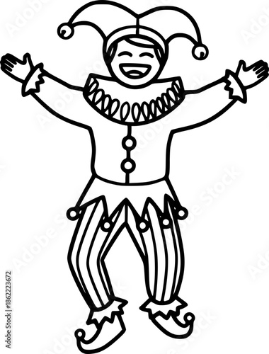 A Cheerful Jester Dancing with Arms Open and Laughing Outline Line Art Drawing Style
